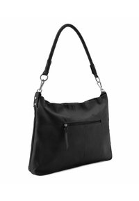 Borsa a spalla in pelle nera con una texture liscia, dotata di una tasca con zip sul davanti, un manico imbottito e dettagli in metallo color argento.
