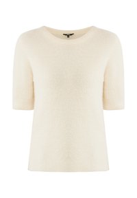 Pull court à manches courtes couleur crème clair avec une finition texturée et douce, ainsi qu'un large col rond. Design simple, sans matériel visible ni motifs.