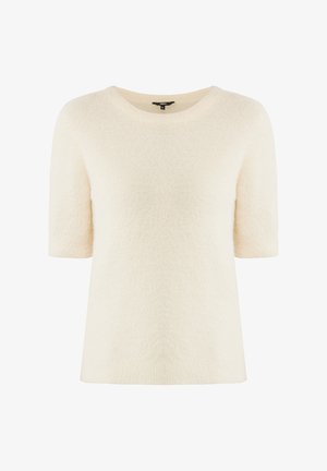 Maglione corto a maniche corte di colore crema chiaro con una finitura testurizzata e soffice, e un ampio scollo rotondo. Design semplice, senza elementi visibili o motivi.