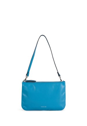 Sac à bandoulière en cuir bleu avec fermeture éclair argentée et bandoulière amovible, petit logo "nat & nin" centré près du bord inférieur.