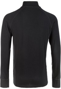 Zwarte langemouwen shirt met hoge kraag, gemaakt van een gladde stof. Heeft raglan mouwen en gestikte naden. Geen zichtbare patronen of grafische elementen.