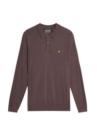 Polo a maniche lunghe marrone con colletto a coste e tre bottoni. Presenta un piccolo logo giallo sul petto e strisce texture sulle spalle.