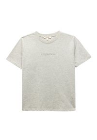 Camiseta de algodón gris claro con cuello redondo, mangas cortas y la palabra "empático" impresa en un tono ligeramente más oscuro en el pecho.