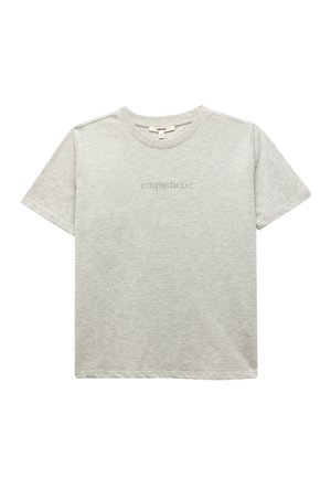 Light gray cotton t-shirt with a round neckline, short sleeves, and the word "empathetic" printed in a slightly darker shade at the chest.