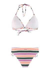 Bikiny se setem, bílý trojúhelníkový vršek a spodní díl s vícebarevnými pruhy. Popruhy mají mix designů ve fialové, zelené a oranžové barvě.