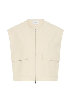 Gilet senza maniche color crema con cerniera frontale argentata e due grandi tasche con patta, taglio squadrato e design senza colletto.
