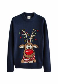 Navyblauw trui met een rendierontwerp met een rode neus, gestreepte sjaal en kleurrijke ornamentaccenten op de hoorns. Dikke gebreide textuur.