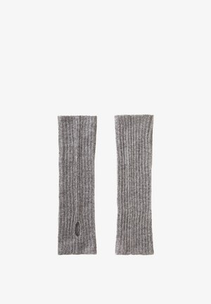 Arm warmer grigio a coste con foro per il pollice e parte superiore aperta, caratterizzati da una consistenza morbida e una vestibilità aderente.