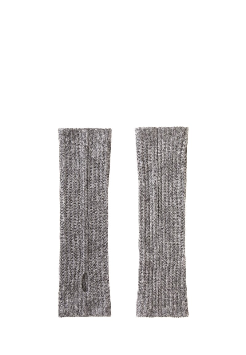 Mangas caladas de punto gris con agujero para el pulgar y parte superior abierta, que muestran una textura suave y un ajuste ceñido.