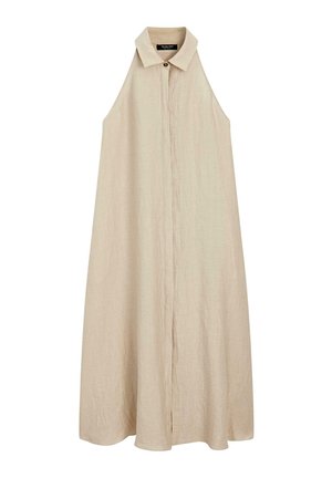 Beżowa, bezrękawna sukienka maxi z kołnierzykiem i ukrytymi guzikami z przodu, wykonana z lekkiej, teksturowanej tkaniny.