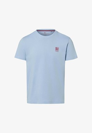 Hellblaues, kurzärmliges Baumwoll-T-Shirt mit Rundhalsausschnitt und kleinem dunkelrotem "Good Vibes"-Logo auf der linken Brust.