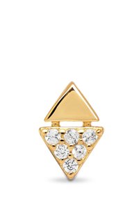 Pendiente triangular de oro con un triángulo superior más pequeño y un triángulo inferior más grande, adornado con seis rhinestones claros.