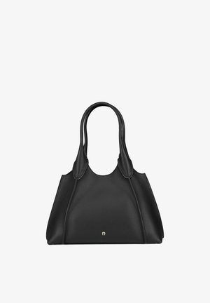 Borsa nera in pelle con parte superiore arrotondata, doppi manici e silhouette strutturata. Presenta cuciture discrete e un dettaglio logo dorato.