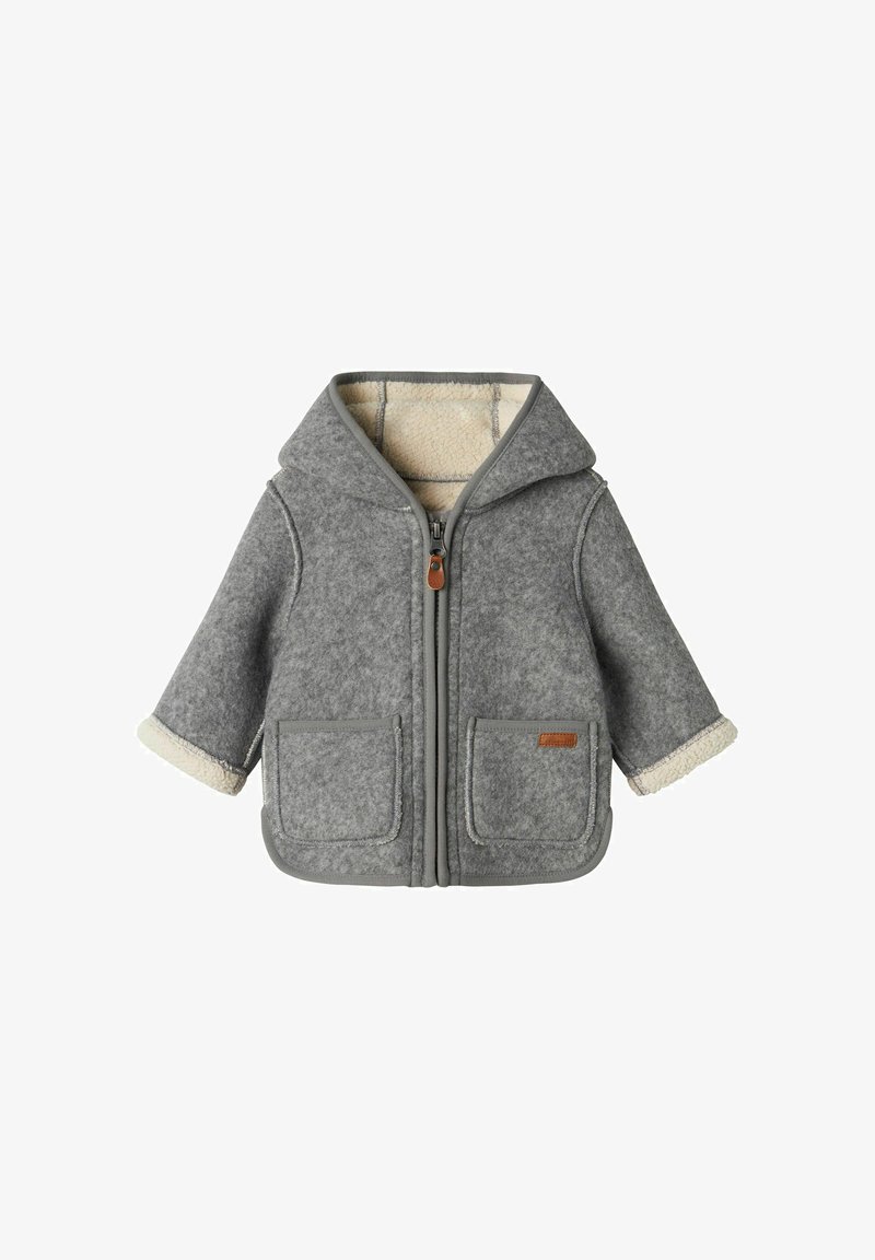 Gray fleece toddler jacket with hood, front zipper, two pockets, and cream-colored soft lining visible at cuffs and inside hood.
