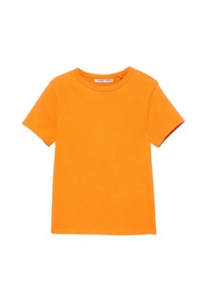 Feloranje T-shirt met korte mouwen en een ronde hals, effen ontwerp, plat liggend op een witte achtergrond.