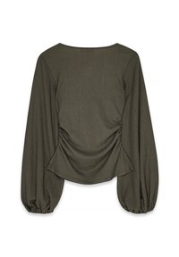 Olivgrünes Oberteil mit langen, puffigen Ärmeln und strukturiertem Stoff. Der Rücken hat ein elastisches Raffungselement für einen figurschmeichelnden Look.