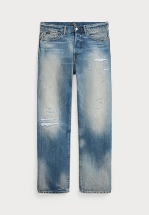 Hellblaue Denim-Jeans mit entspannter Passform. Die used-Look-Details umfassen ausgefranste Patches und ausgebleichte Bereiche und zeichnen sich durch ein klassisches Fünf-Taschen-Design aus.