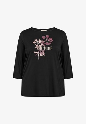 Črna dolgoročena majica s krožnim izrezom, ki vsebuje botanični vzorec v roza in beli barvi ter besedo "COUTURE" v zlatem.