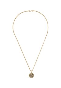Goldkette mit einem runden Anhänger, der ein geprägtes Design aufweist. Die Kette ist zart, strukturiert und hat einen Verschluss.
