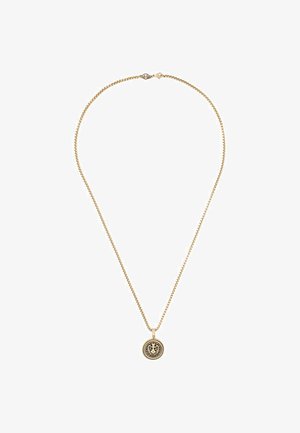 Colier din aur cu un pandantiv rotund ce prezintă un design embosat. Lanțul este delicat, texturat și are un sistem de închidere cu clapetă.