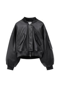 Veste bomber en cuir noire oversize avec col, poignets et ourlet côtelés, poches avant inclinées et poche zippée sur la manche gauche.