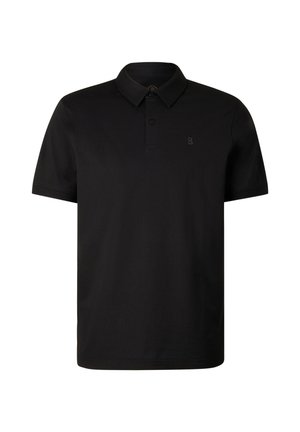 Zwart poloshirt met korte mouwen, kraag en tweeknopenbies, met een klein subtiel logo op de linkerborst.