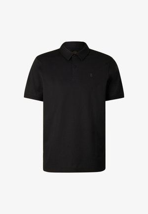 Schwarzes, kurzärmeliges Poloshirt mit Kragen und Two-Button-Patte, mit einem kleinen, dezenten Logo auf der linken Brust.