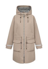 Beige parka-jas met capuchon, rits aan de voorkant, tunnelkoorden bij de capuchon en taille, twee klepzakken, steekzakken aan de zijkant en reflecterende strepen op de mouwen.