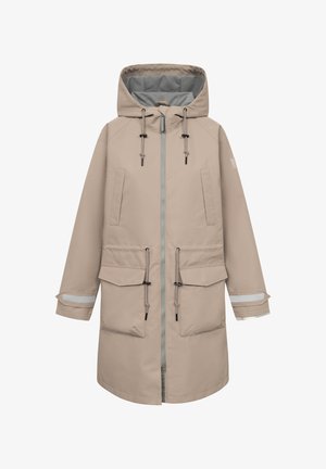 Béžová parka s kapucí, předním zipem, šňůrkami na kapuci a v pase, dvěma klopovými kapsami, bočními kapsami na ruce a reflexními pruhy na rukávech.