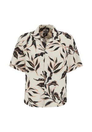 Rövid ujjú, gombos ing fekete és bézs trópusi levélmintával, világos krémszínű háttéren.