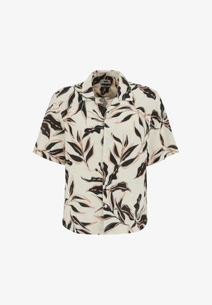 Chemise à manches courtes avec boutons, imprimé de feuilles tropicales noires et beiges sur un fond crème clair.