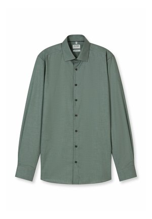 Langärmeliges Hemd aus gedämpft grünem Stoff mit subtiler Textur, ausgestattet mit einem spitzen Kragen und schwarzen Knöpfen vorne.