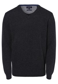 Pull en laine gris foncé avec un col en V, des manches longues et des poignets côtelés. Il présente une texture lisse et un design minimaliste.