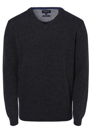 Pull en laine gris foncé avec un col en V, des manches longues et des poignets côtelés. Il présente une texture lisse et un design minimaliste.