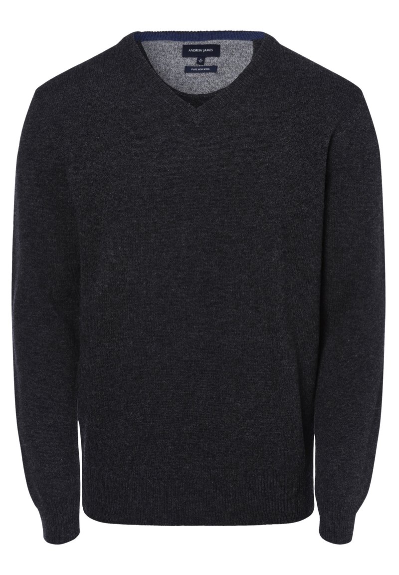 Pull en laine gris foncé avec un col en V, des manches longues et des poignets côtelés. Il présente une texture lisse et un design minimaliste.