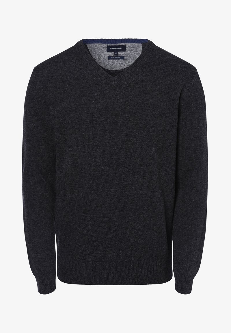 Pull en laine gris foncé avec un col en V, des manches longues et des poignets côtelés. Il présente une texture lisse et un design minimaliste.