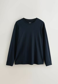 Long-sleeve, navy cotton t-shirt featuring a crew neck, relaxed fit, and small embroidered logo on the chest. Soft texture with smooth seams.