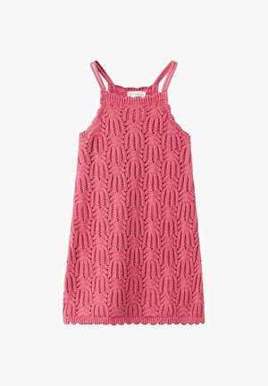 Robe rose sans manches en tricot avec double fines bretelles et ourlet à bord festonné avec motif ajouré texturé.