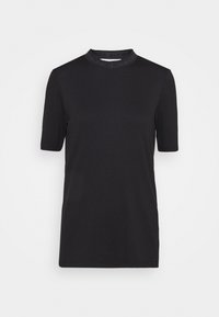 Svart kortärmad ribbad T-shirt med hög halsringning som har en subtil Calvin Klein Jeans-logotyp runt halsringningen.