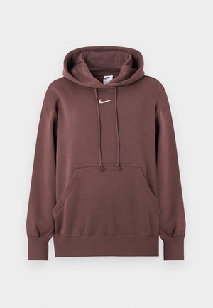 Brown pullover hoodie with front kangaroo pocket, drawstring hood, ribbed cuffs and hem, and small white Nike logo on chest.