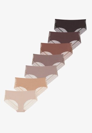Seven pairs of women's briefs in various shades of beige and brown, featuring lace trim along the edges. Smooth fabric, hipster cut.