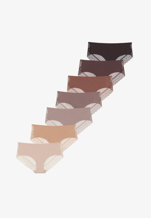 Seven pairs of women's briefs in various shades of beige and brown, featuring lace trim along the edges. Smooth fabric, hipster cut.