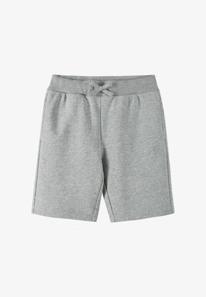 Gray cotton shorts with an elastic waistband, featuring a drawstring detail and side pockets; smooth texture, knee-length design.