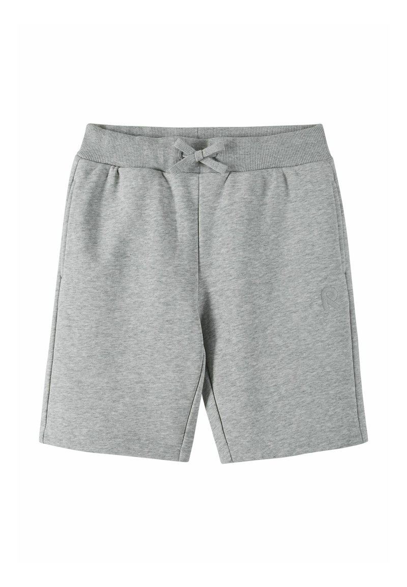 Gray cotton shorts with an elastic waistband, featuring a drawstring detail and side pockets; smooth texture, knee-length design.