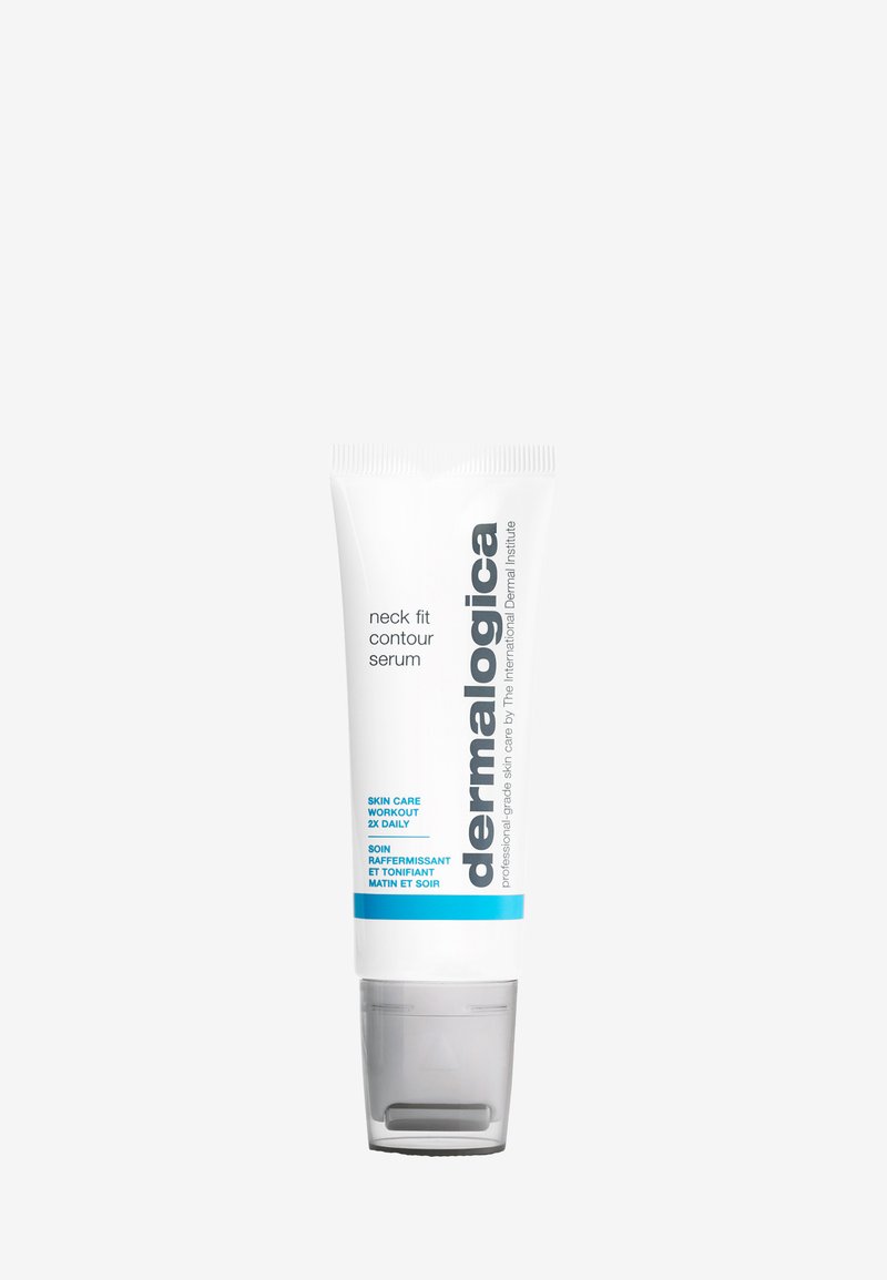 Dermalogica Neck Fit Contour Serum in einer weißen Tube mit blauen Akzenten; zeichnet sich durch ein elegantes Design und einen grauen Klappdeckel am Boden aus.