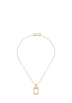 Gold chain necklace with an abstract open link pendant. Pendant features a textured center embellished with small stones, creating depth.