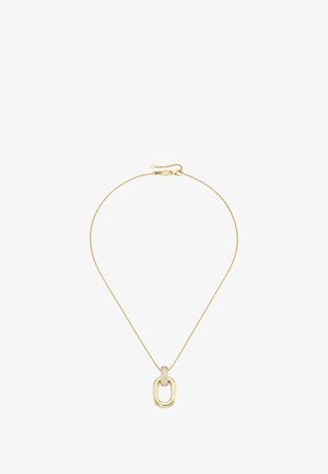 Gold chain necklace with an abstract open link pendant. Pendant features a textured center embellished with small stones, creating depth.