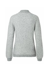Grauer Pullover mit Zickzackmuster in Hell- und Dunkelgrau, geripptem Kragen und Bündchen; strukturierter Strickstoff mit langen Ärmeln.