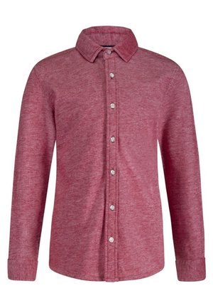 Rød langærmet skjorte lavet af tekstureret materiale; har en knappet forside, klassisk krave og afrundede ærmer med knaplukning ved manchetterne.