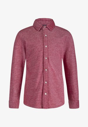 Chemise rouge à manches longues en matériau texturé ; dotée d'une patte de boutonnage, d'un col classique et de manches arrondies avec des poignets boutonnés.
